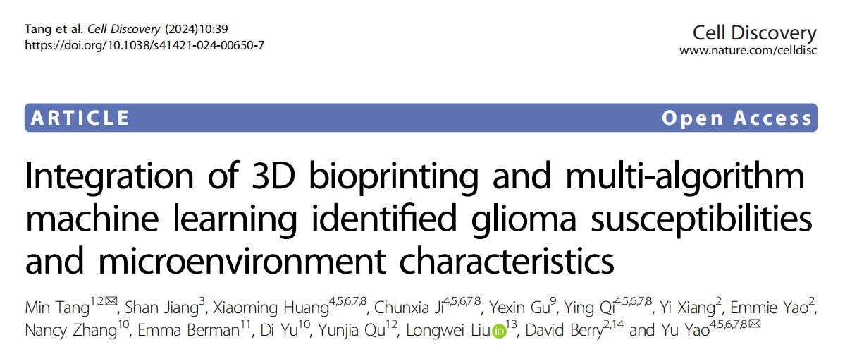 交叉科学研究院汤忞团队开发生物3D打印与人工智能算法研究脑胶质瘤微环境新方法