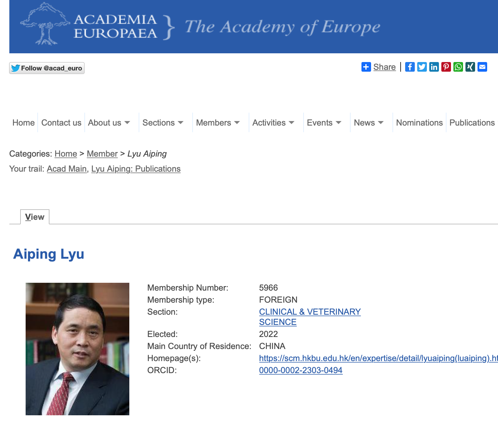 我校中西医结合研究院院长吕爱平教授入选欧洲科学院外籍院士