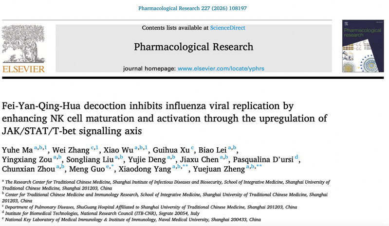 我校中西医结合学院郑月娟/杨晓东团队阐释肺炎清化方促进NK细胞成熟与活化抑制流感病毒复制的作用机制